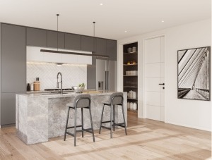 This image showcases the open floor plan and modern kitchen design. The benches feature stone bench tops, splashbacks, cupboards and timber flooring throughout.