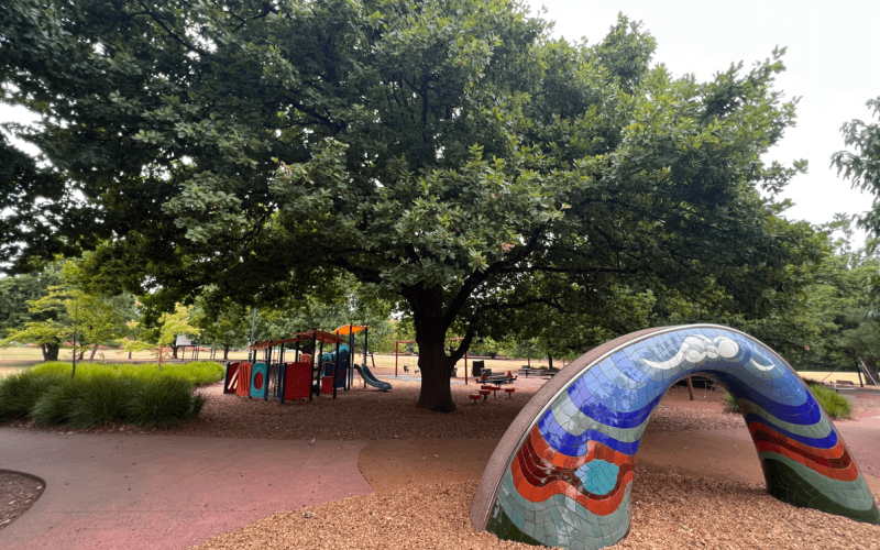 Halliday Park in Mitcham is a popular playground for families. It features many amenities used all year round.